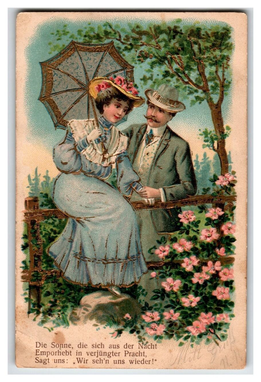 Romantic Couple Postcard Embossed Glitter German Quote 1900s Victorian